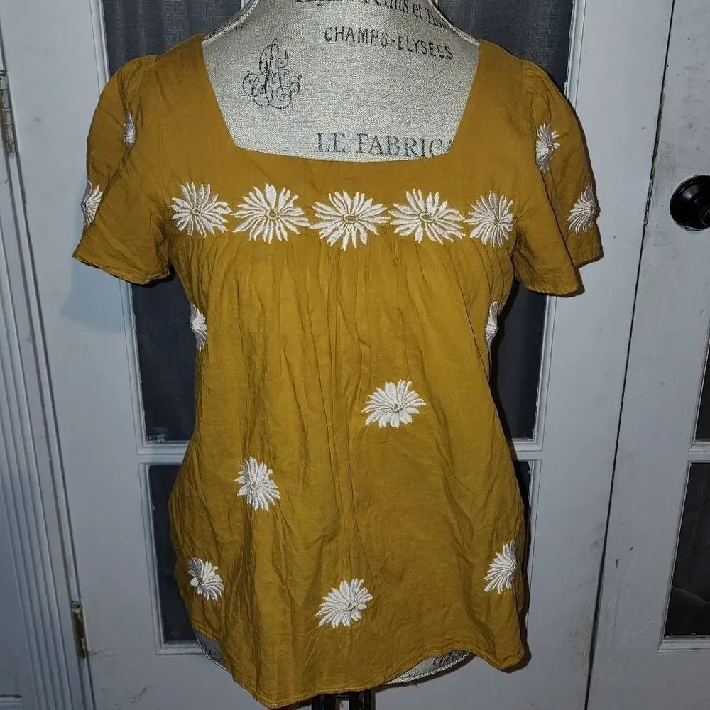 Madewell Womens Mustard Yellow Floral Embroidered Butterfly‎ Top Blouse XS